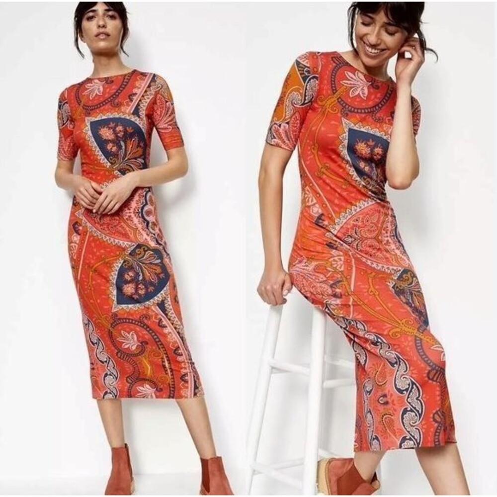 Farm Rio Knit Midi Dress Size M Boho‎ Southwestern Bodycon Maximalist Dopamine